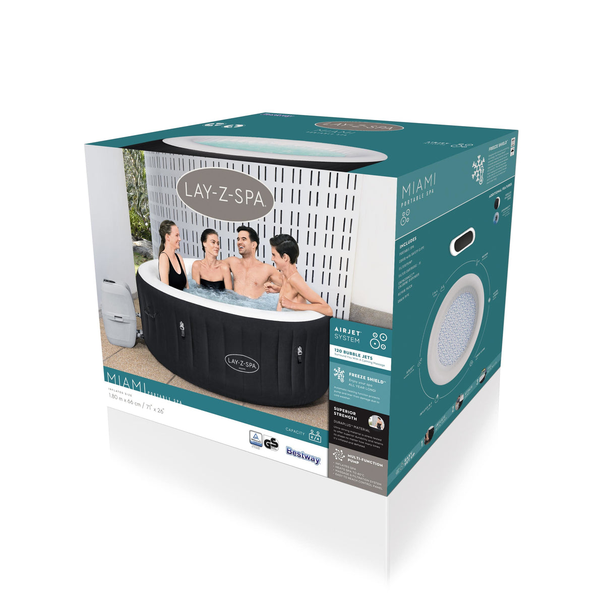 Spa gonflable BESTWAY - Lay-Z-Spa Miami - 120 airjets - 180 x 66 cm - 2 a 4 places - Rond (couverture, cartouche, diffuseur)