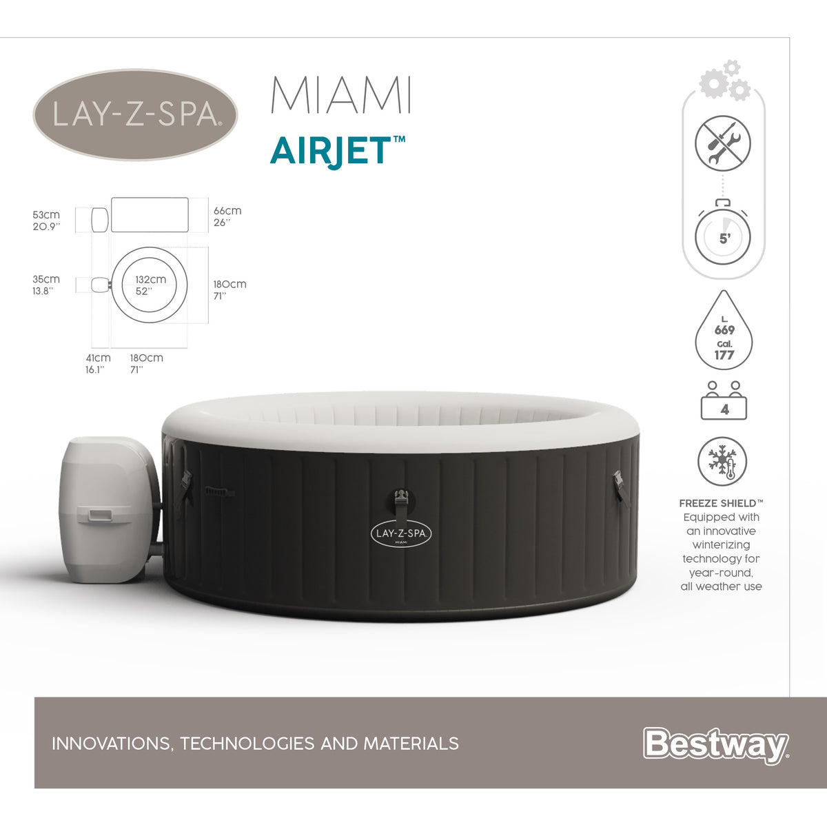 Spa gonflable BESTWAY - Lay-Z-Spa Miami - 120 airjets - 180 x 66 cm - 2 a 4 places - Rond (couverture, cartouche, diffuseur)