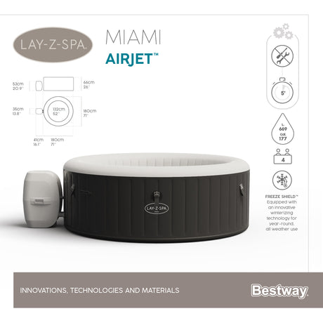 Spa gonflable BESTWAY - Lay-Z-Spa Miami - 120 airjets - 180 x 66 cm - 2 a 4 places - Rond (couverture, cartouche, diffuseur)