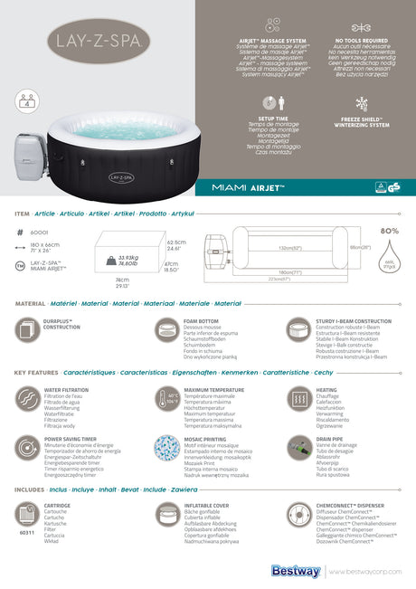 Spa gonflable BESTWAY - Lay-Z-Spa Miami - 120 airjets - 180 x 66 cm - 2 a 4 places - Rond (couverture, cartouche, diffuseur)