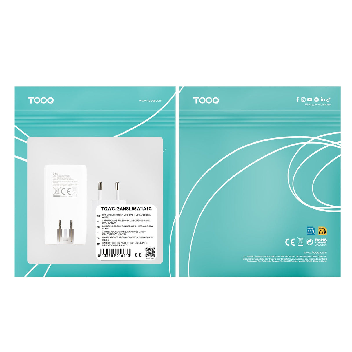 Chargeur de voyage Tooq GaN 1x USB-C + 1x USB-A  65W ( blanc)