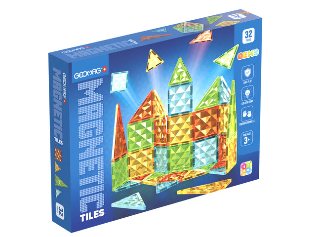 Tuiles magnétiques - GEOMAG - Tiles Gems 4101 - 32 pieces - Formes géométriques - Effet cristal
