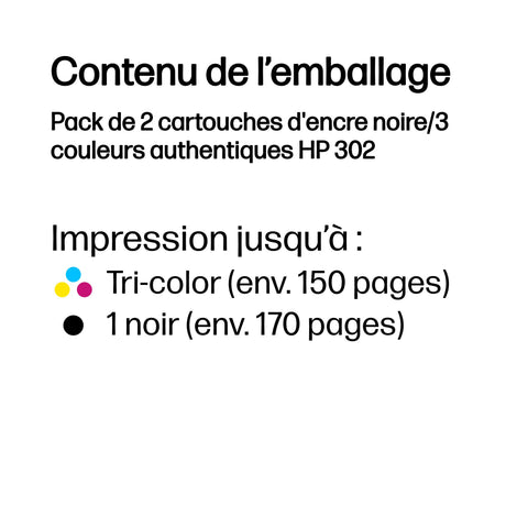 HP 302 Pack de 2 cartouches d'encre noire et trois couleurs authentiques (X4D37AE) pour HP DeskJet 2130/3630 et HP OfficeJet 3830