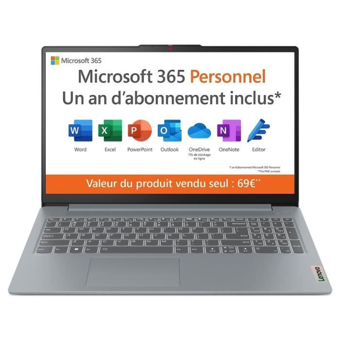 PC portable LENOVO IdeaPad Slim 3 15IAN8 | Windows 11 - 15 FHD - Intel N100 - RAM 4 Go - SSD 128 Go - AZERTY