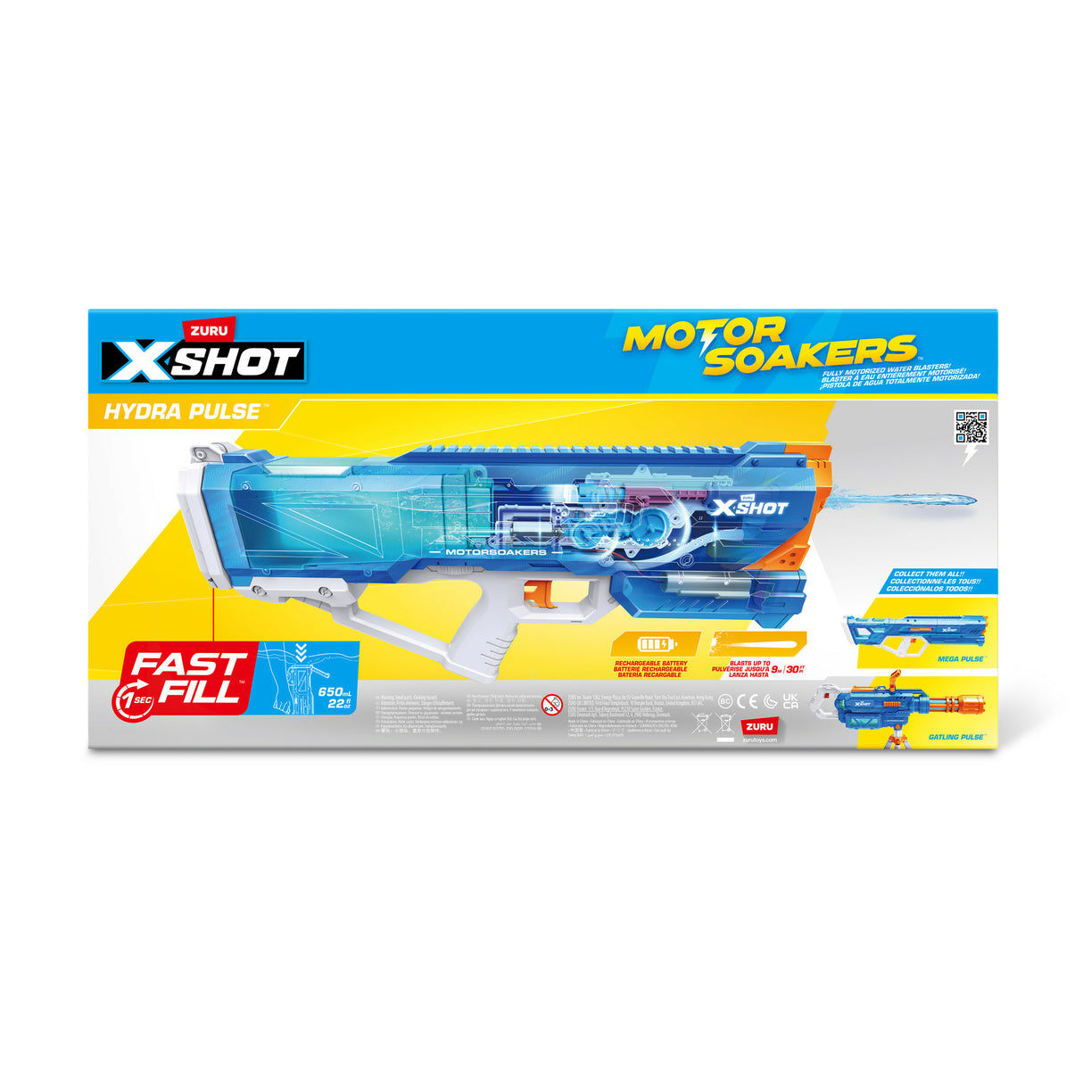 Pistolet a eau motorisé - ZURU - X-SHOT Hydra Pulse - Remplissage rapide - Batterie rechargeable - Portée 9 m - Réservoir 650 ml