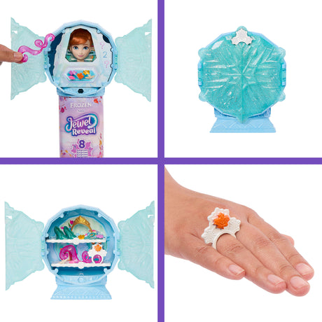 Poupée Jewel Reveal Anna, La Reine des Neiges, accessoires avec 8 surprises, 1 boîte a bijoux en forme de flocon de neige, 1 bague p