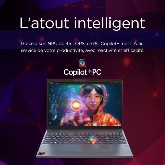 PC portable LENOVO IdeaPad Slim 3 15Q8X10 | Windows 11 - 15,3 WUXGA IPS - Snapdragon X X1-26-100 - RAM 16 Go - SSD 512 Go - AZERTY