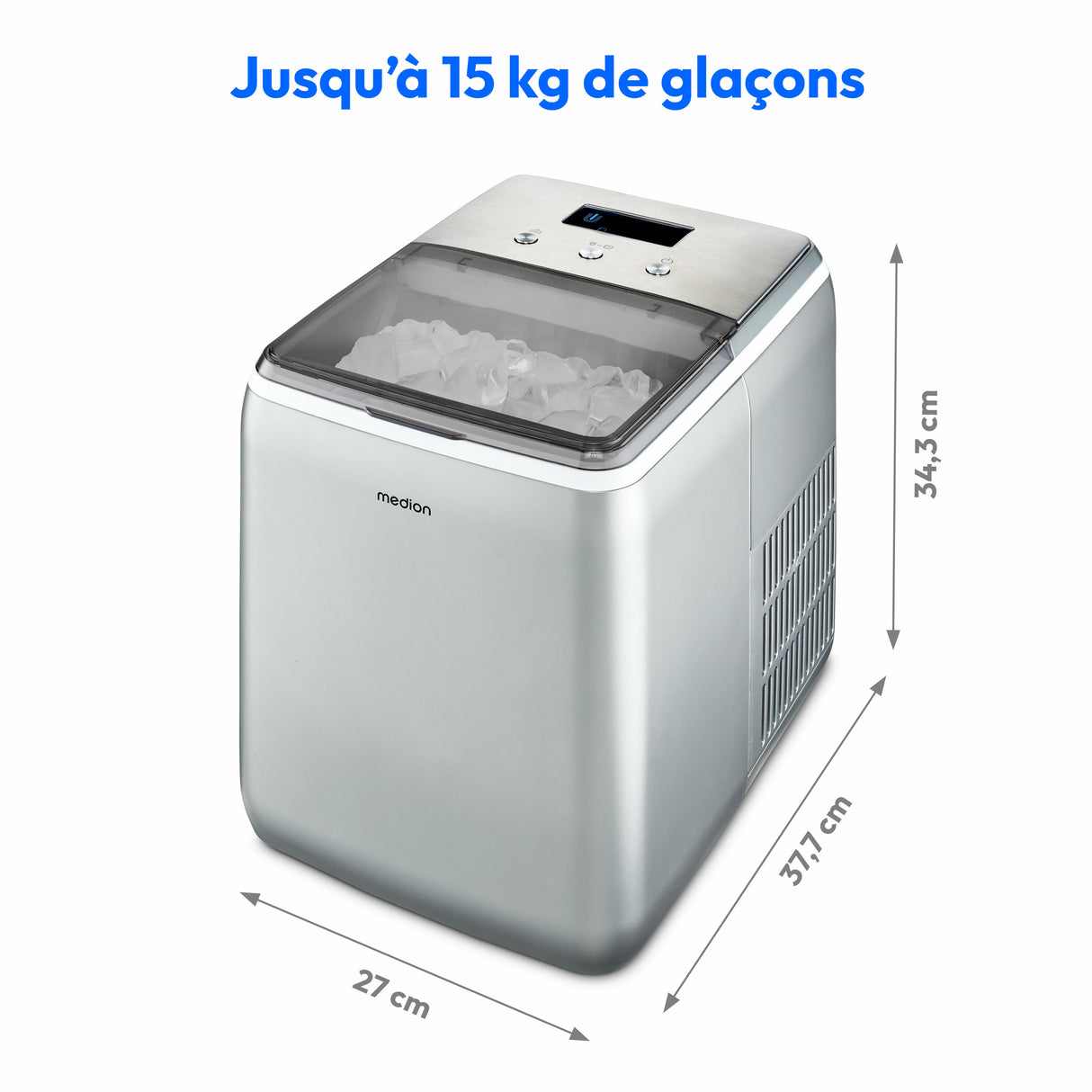 Machine a glaçons cristallins – MEDION MD11950 – Réservoir eau 2,6L – 15kg/24h – 2 tailles – 10 minutes – Inox