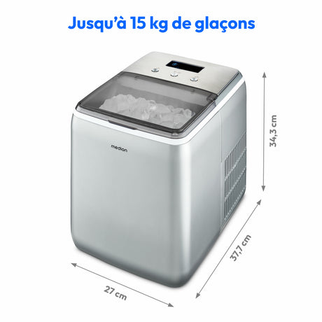 Machine a glaçons cristallins – MEDION MD11950 – Réservoir eau 2,6L – 15kg/24h – 2 tailles – 10 minutes – Inox