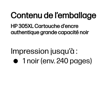 HP 305XL Cartouche d'encre noire grande capacité authentique (3YM62AE) pour DeskJet 2300/2700/2810/Plus4100/4200, Envy 6000/Pro 6400