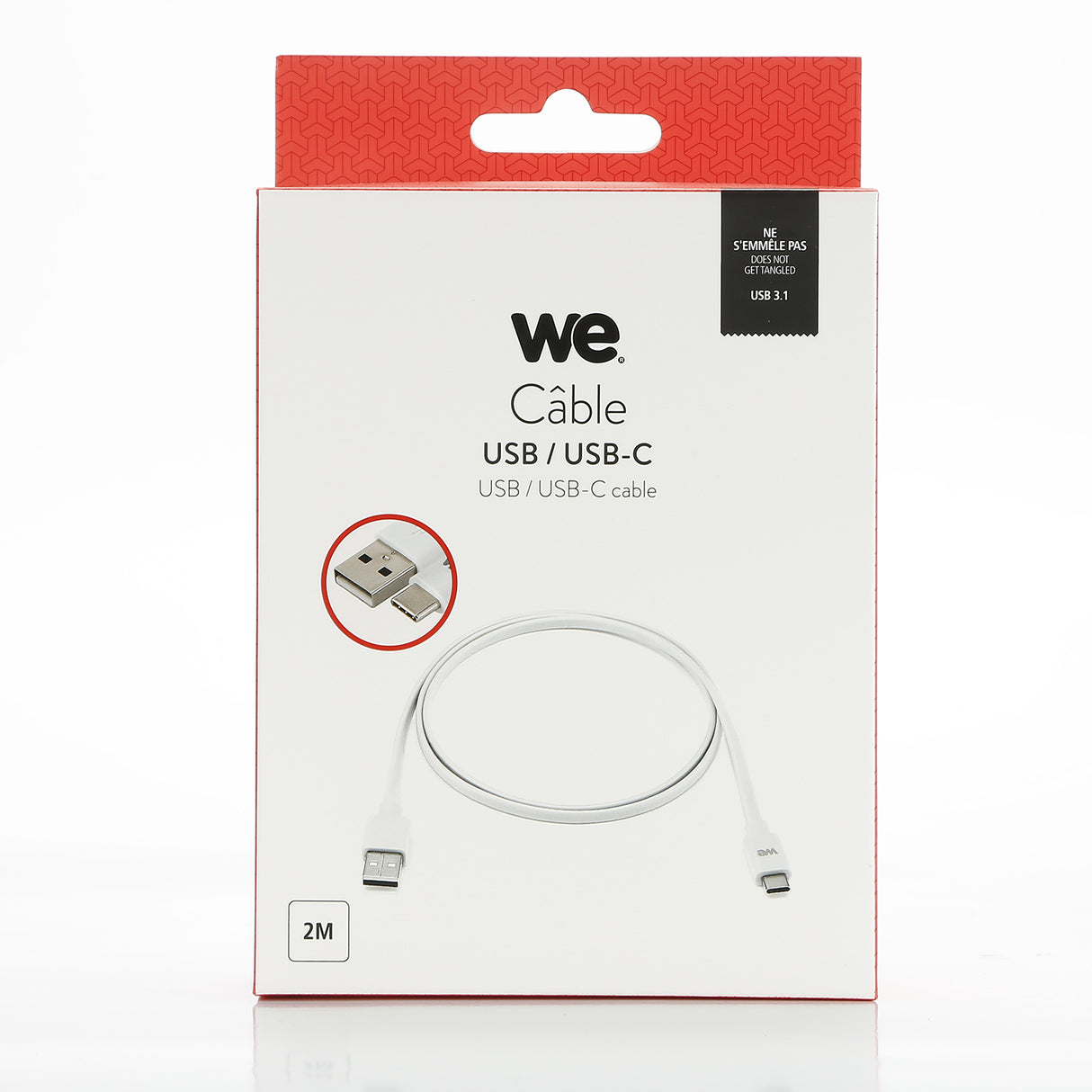 C ble USB-C m le/USB A m le plat 2 m - USB 3.1 gen 1 - blanc ne s'emm le pas