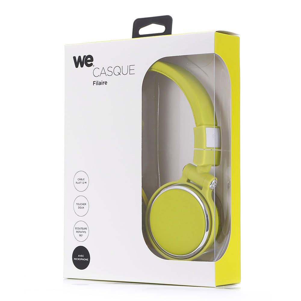 Casque filaire vert avec micro c ble 1.50m arceau réglable effect peau de p che