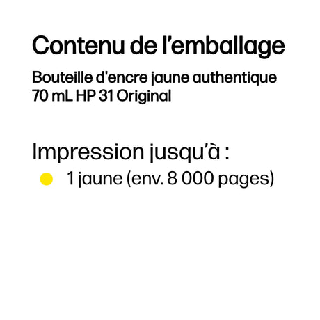 HP 31 Bouteille d'encre jaune authentique 70 mL (1VU28AE) pour HP Smart Tank 455/457/513/Plus 555/Plus 559/Plus 570/Plus 655