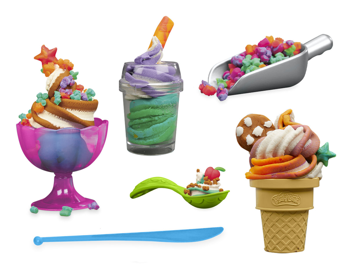 PlayDoh Mes Glaces Arc-en-Ciel, Pâte a modeler, Machine a Creme Glacée factice, 5 pots de 56 g  et accessoires, des 3 ans