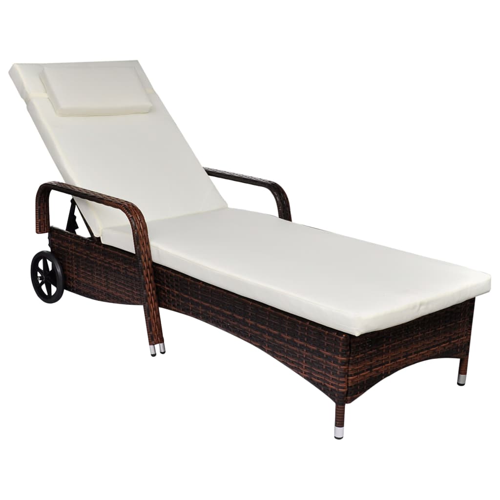 Chaise longue with cushion and wheels Resin wicker Brown