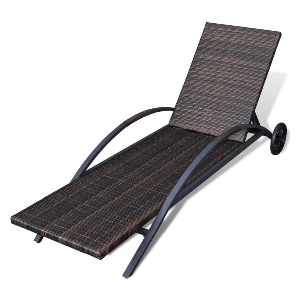 Chaise longue avec coussin et roues Résine tressée Marron