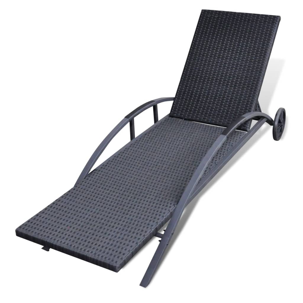 Chaise longue avec coussin et roues Résine tressée Noir