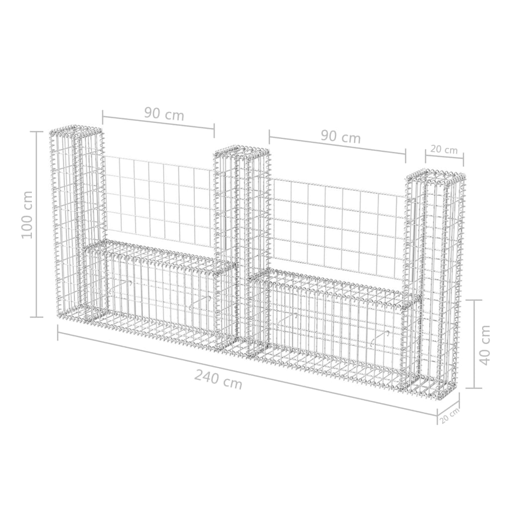 Panier de gabion en forme de U Acier galvanisé 240x20x100 cm