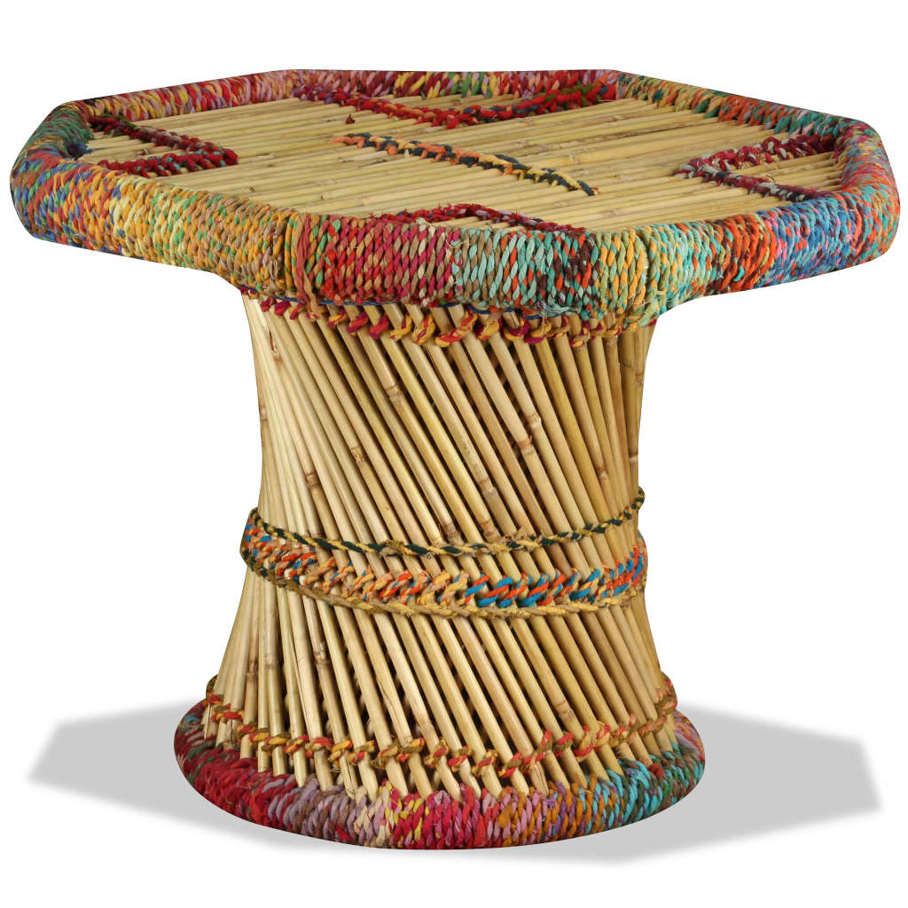 Bamboo Coffee Table with Multicolor Chindi Details