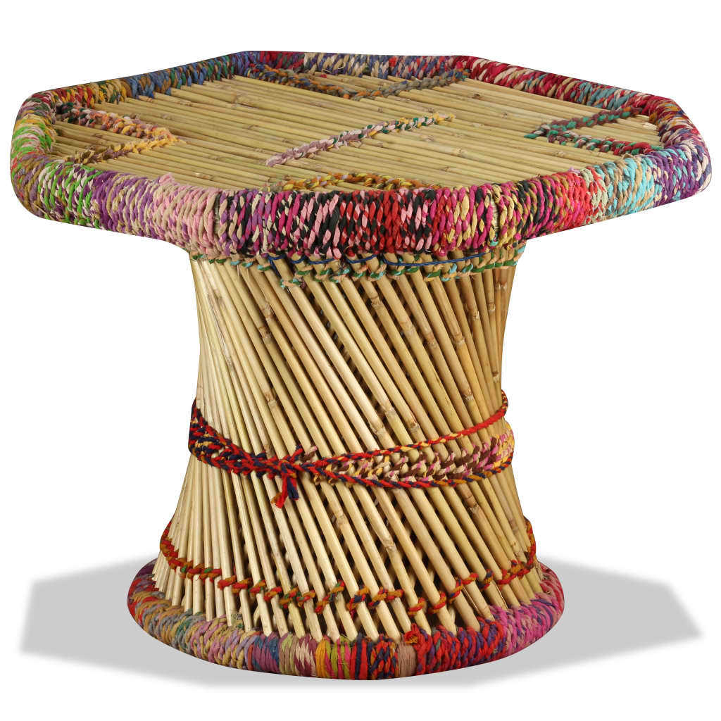 Bamboo Coffee Table with Multicolor Chindi Details