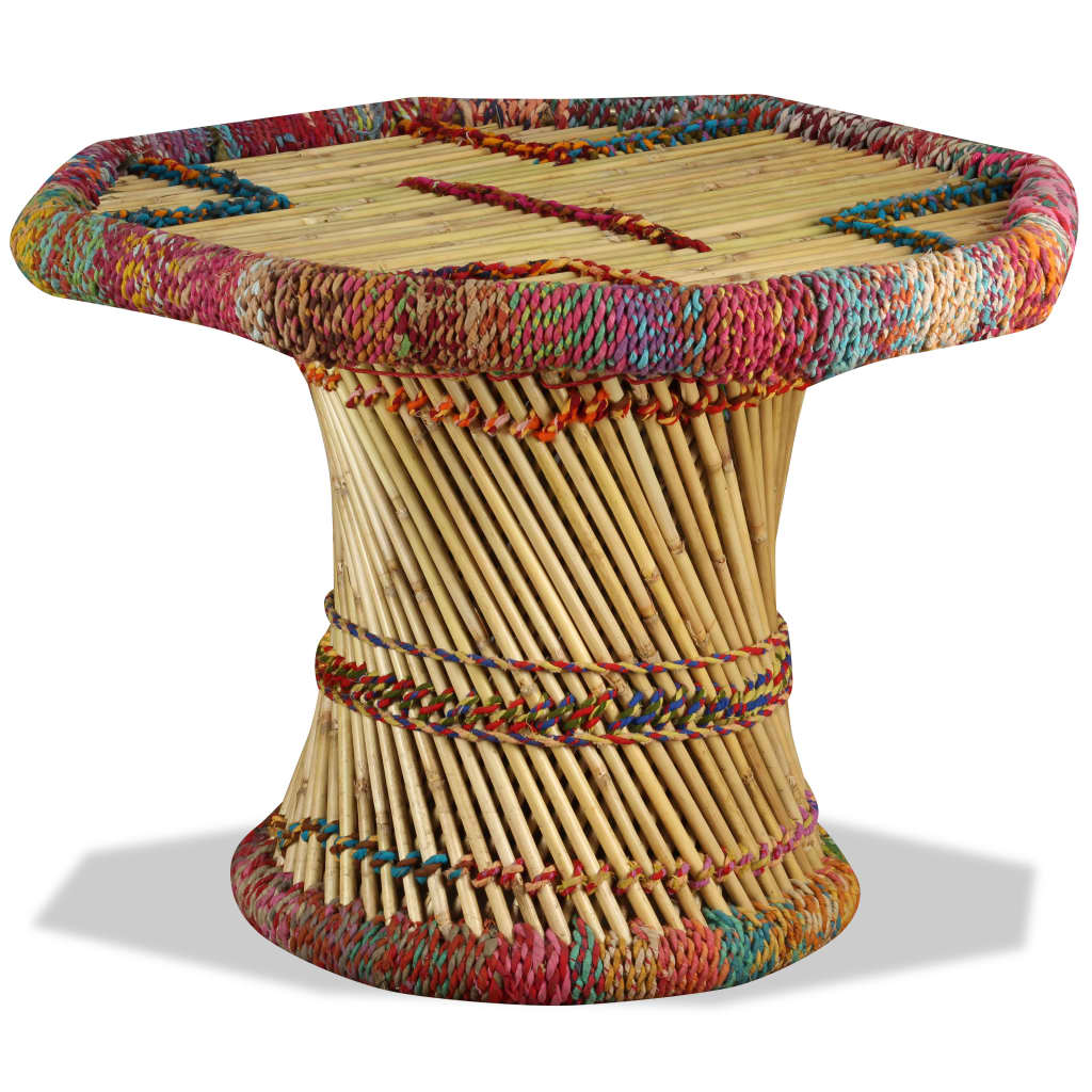 Bamboo Coffee Table with Multicolor Chindi Details