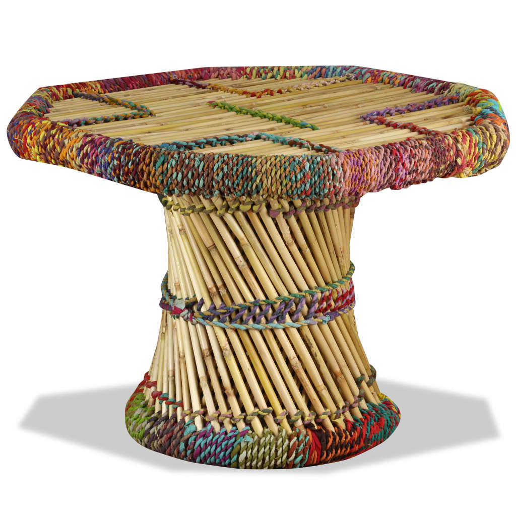 Bamboo Coffee Table with Multicolor Chindi Details