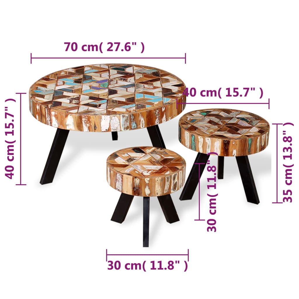 3-teiliges Couchtisch-Set aus massivem Altholz