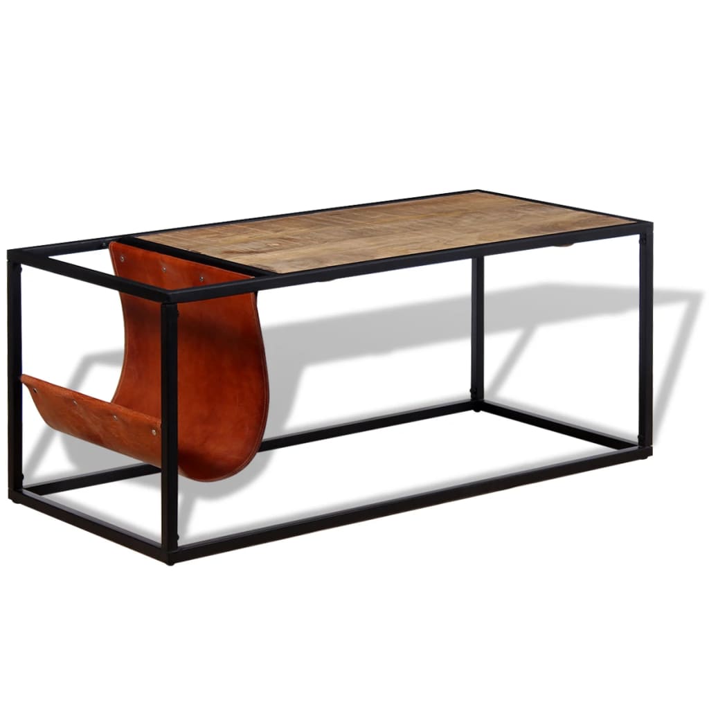 Table basse avec porte-revues Cuir véritable 110x50x45 cm