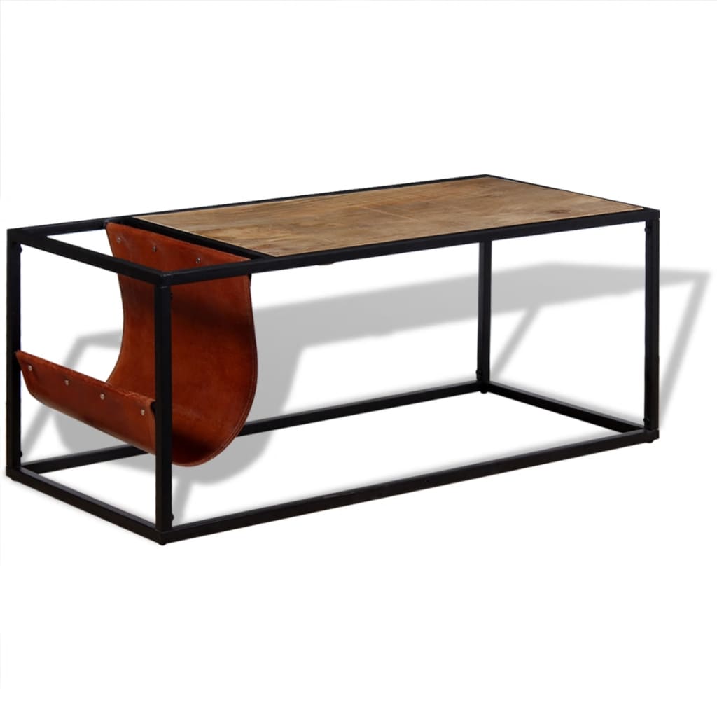 Table basse avec porte-revues Cuir véritable 110x50x45 cm