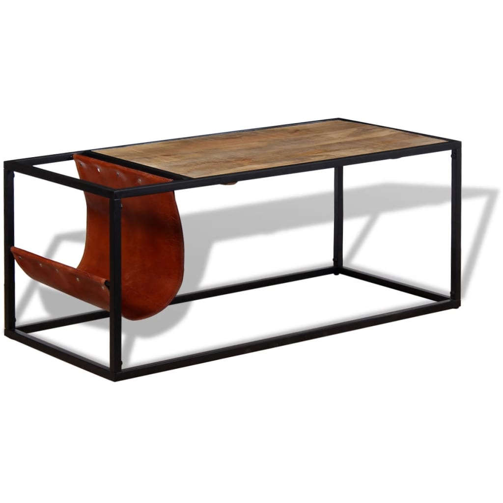 Table basse avec porte-revues Cuir véritable 110x50x45 cm