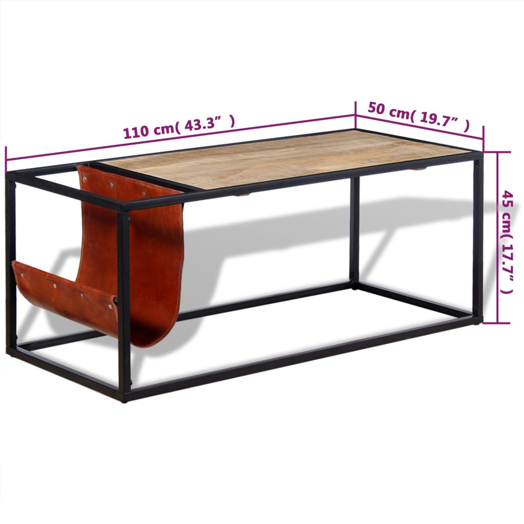 Couchtisch mit Zeitungsständer Echtleder 110x50x45 cm