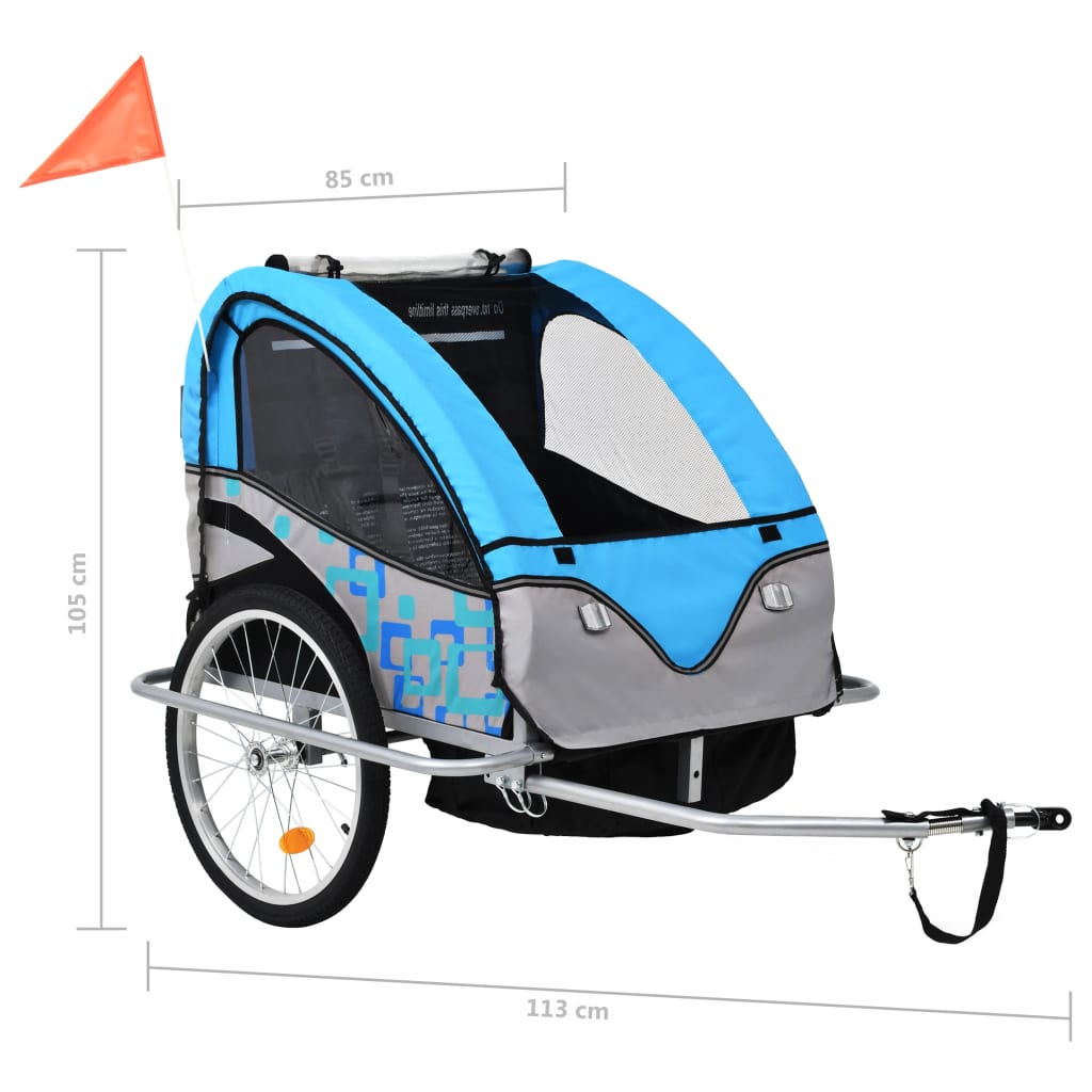 Remorque de vélo et poussette 2-en-1 bleu et gris