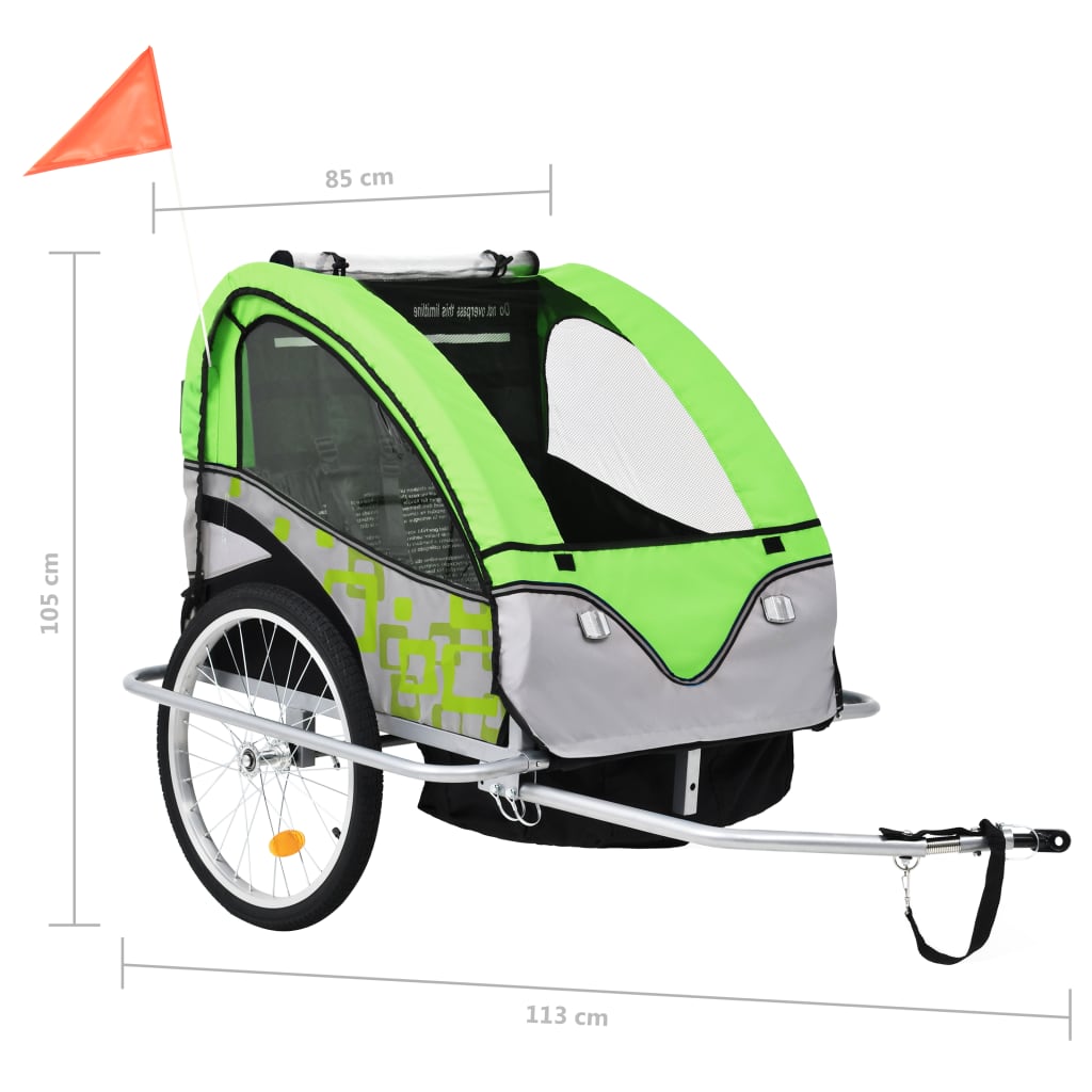 Remorque de vélo et poussette 2-en-1 vert et gris