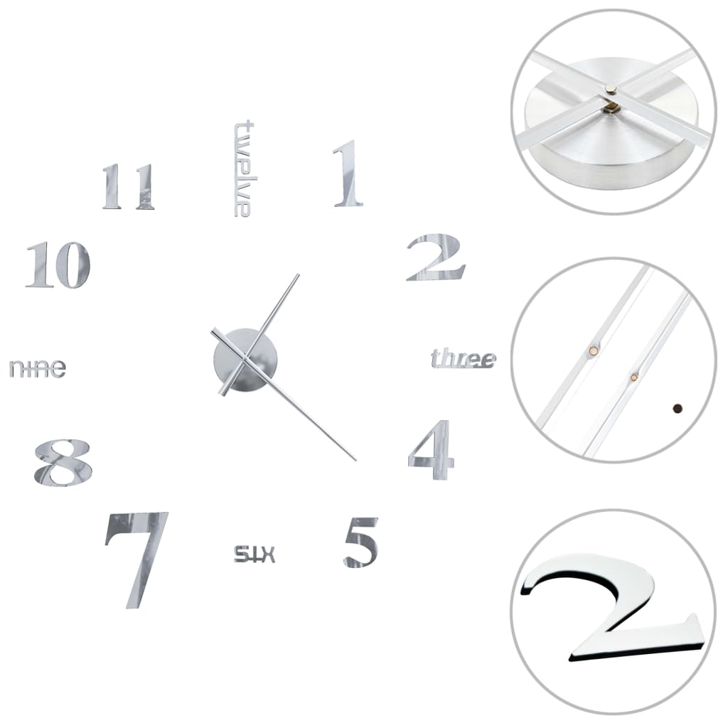 Horloge murale 3D Design moderne 100 cm XXL Argenté