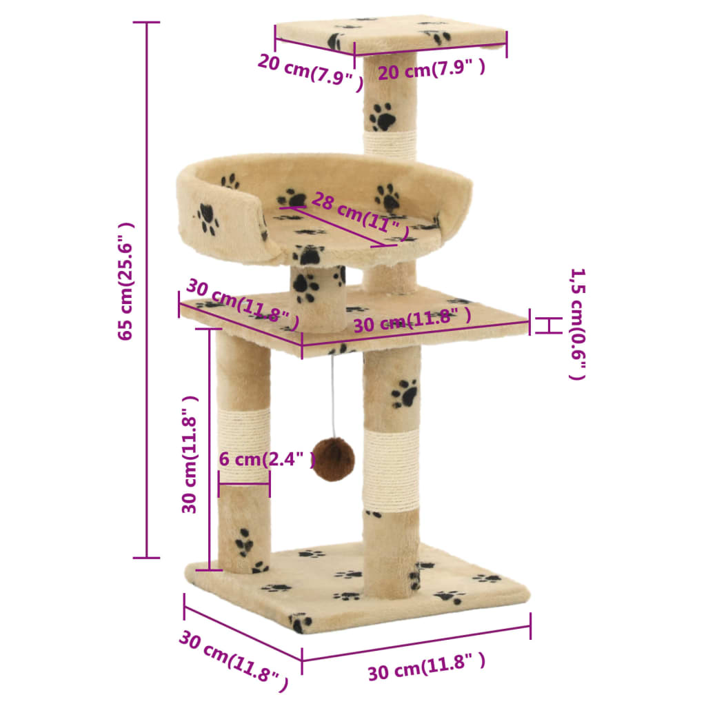 Arbre à chat et griffoirs en sisal 65 cm Beige Motif de pattes