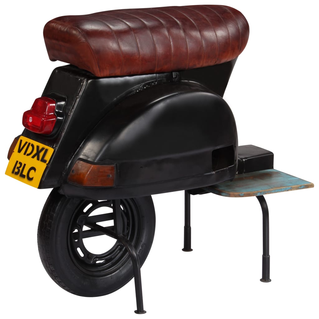 Black Scooter Bar Chair Genuine Leather and Recycled Wood