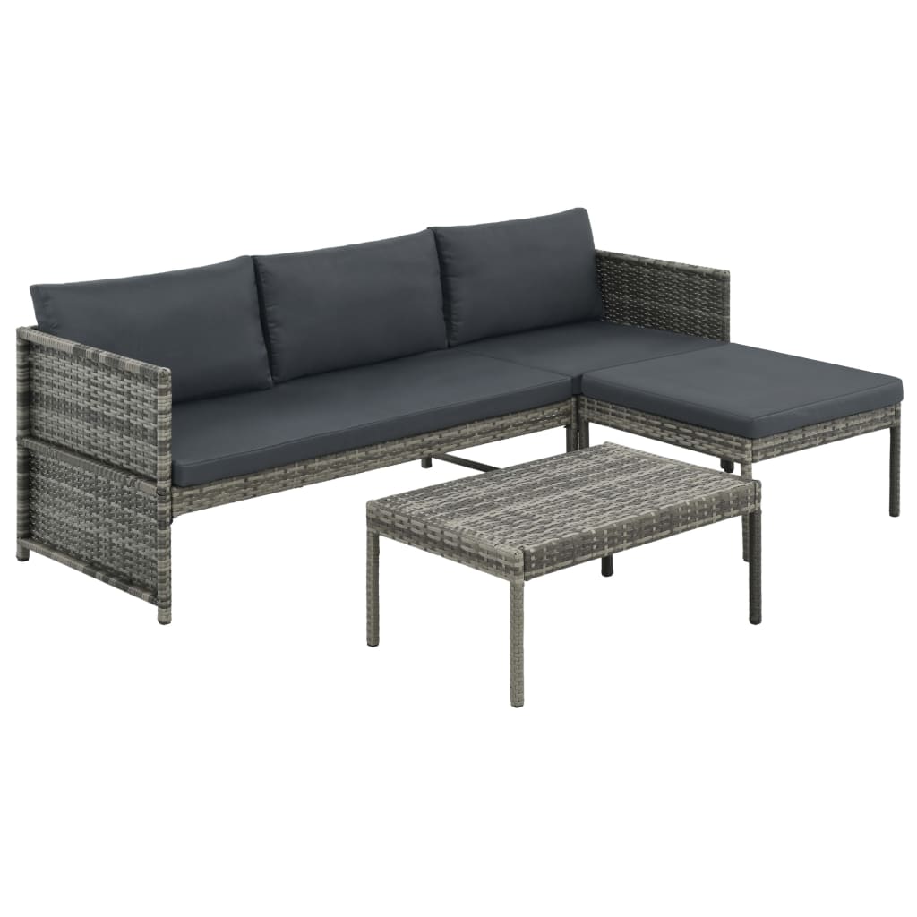 3-piece garden furniture set with cushions, Grey woven resin