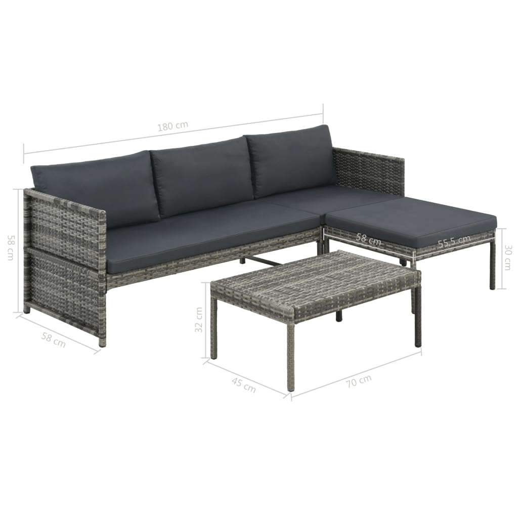 3-piece garden furniture set with cushions, Grey woven resin