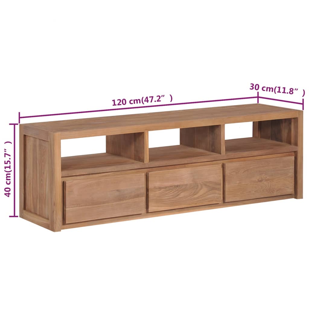 Meuble TV Bois massif de teck et finition naturelle 120x30x40cm