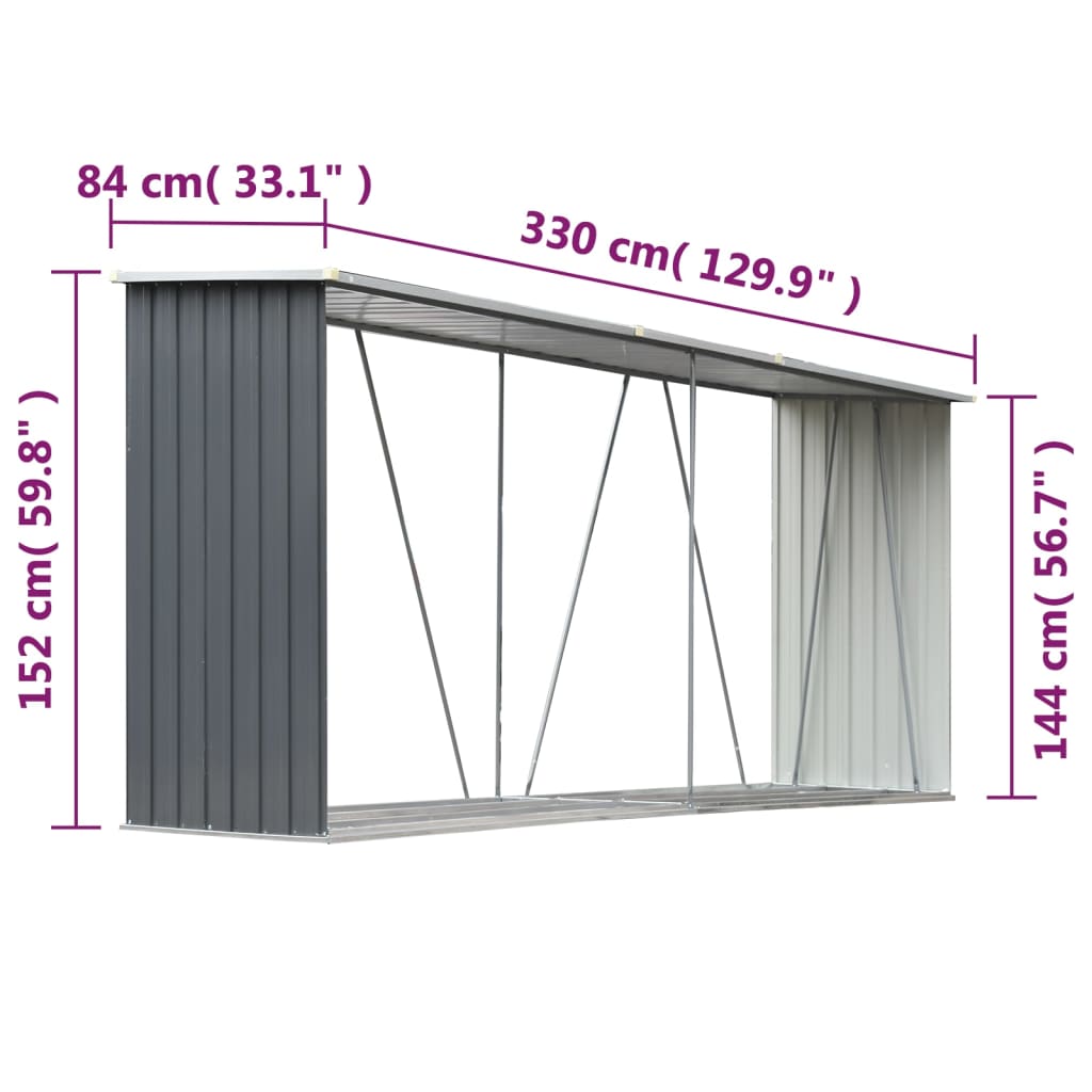 Abri de stockage de bois Acier galvanisé 330x84x152 cm Gris