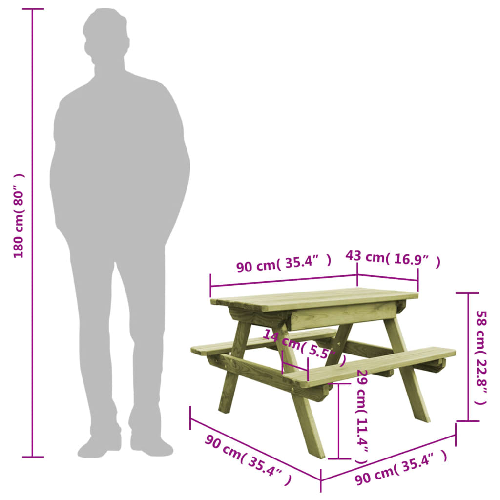 Table de pique-nique pour enfants avec bancs Pinède imprégnée