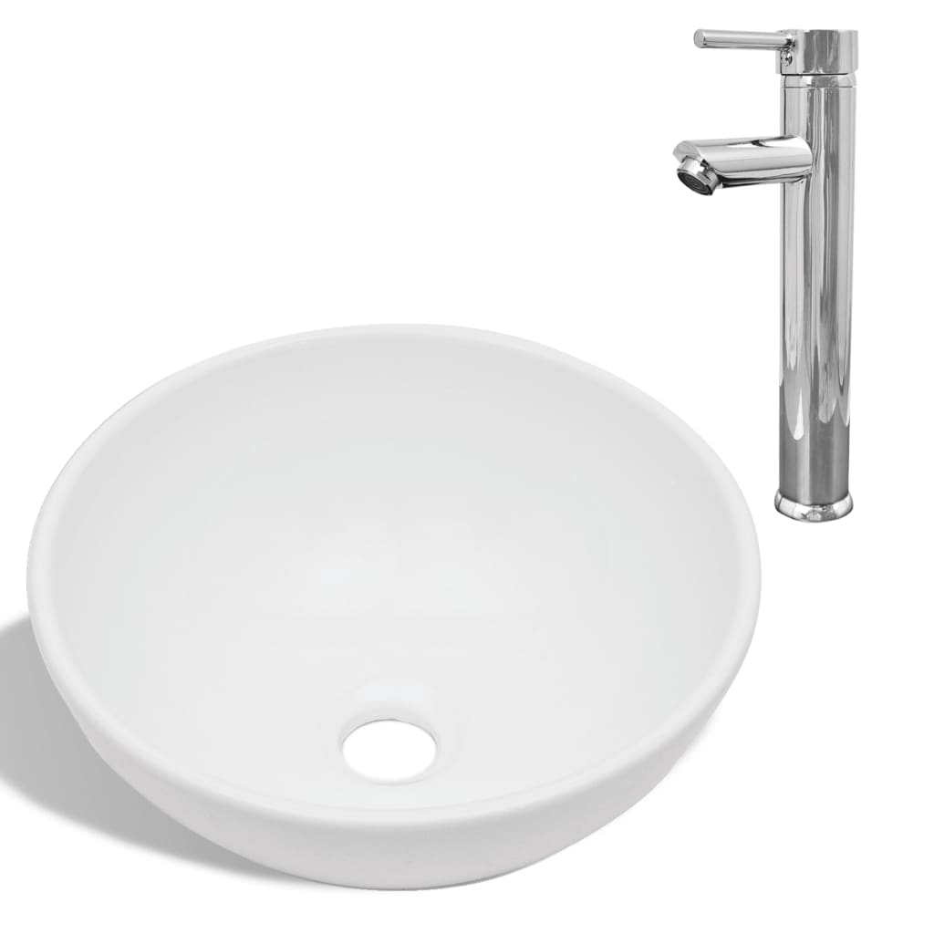 Lavabo de salle de bain avec mitigeur Céramique Rond Blanc