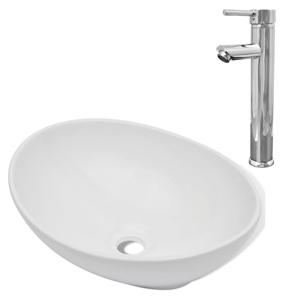 Lavabo de salle de bain avec mitigeur Céramique Ovale Blanc