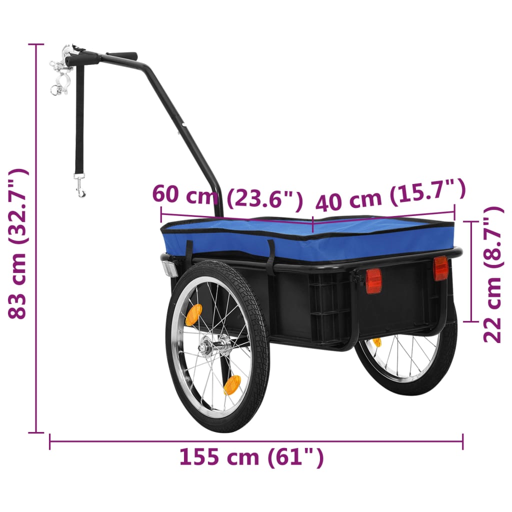 Remorque de vélo/chariot à main 155x60x83 cm acier bleu