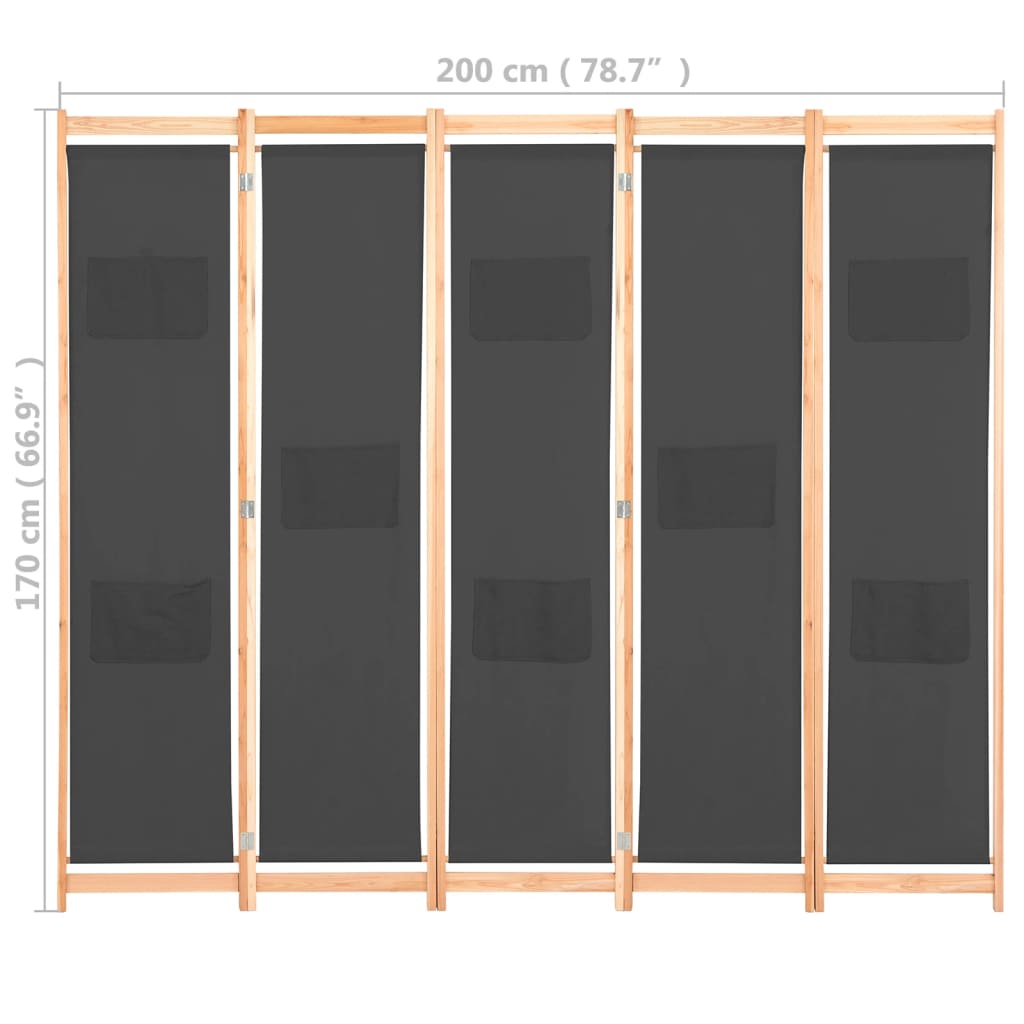 Cloison de séparation 5 panneaux Gris 200 x 170 x 4 cm Tissu