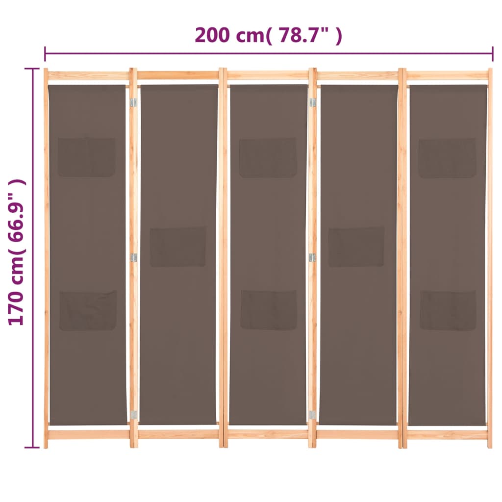 Cloison de séparation 5 panneaux Marron 200 x 170 x 4 cm Tissu