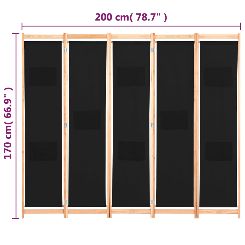 Cloison de séparation 5 panneaux Noir 200 x 170 x 4 cm Tissu