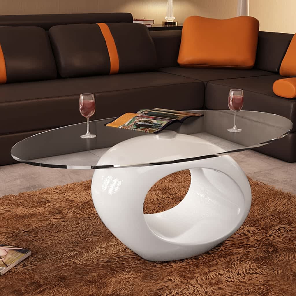 Coffee table with oval glass table top Glossy white