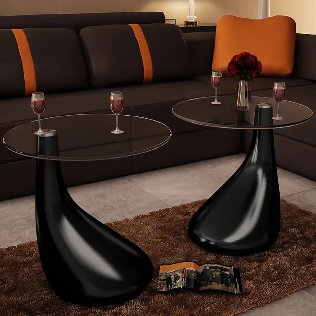 Coffee table and table top Round glass Glossy black 2 pcs