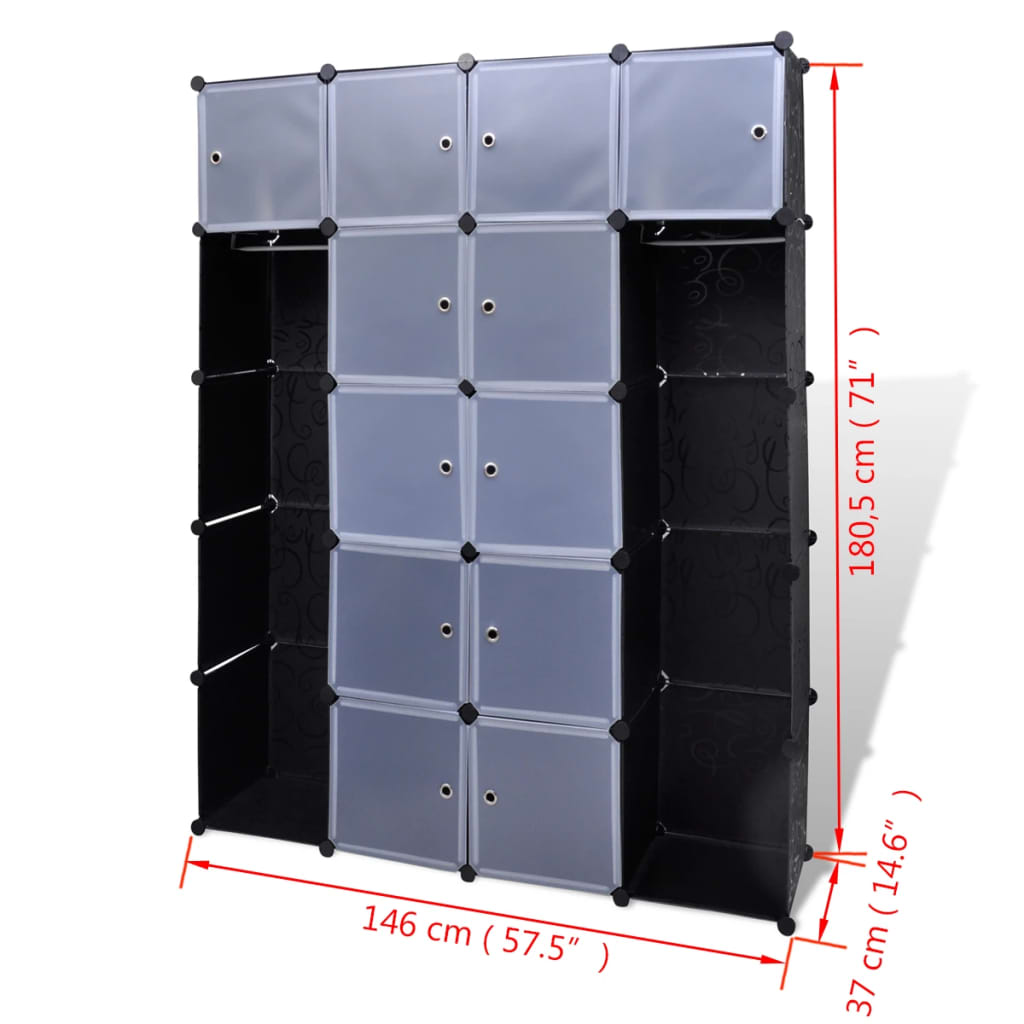 Modularer Schrank mit 14 Fächern, Schwarz und Weiß, 37 x 146 x 180,5 cm